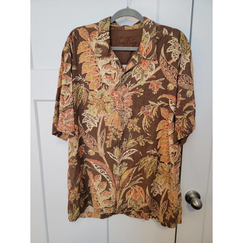 Tommy Bahama Printed Button Down Silk Shirt XL Brown, Green, Orange